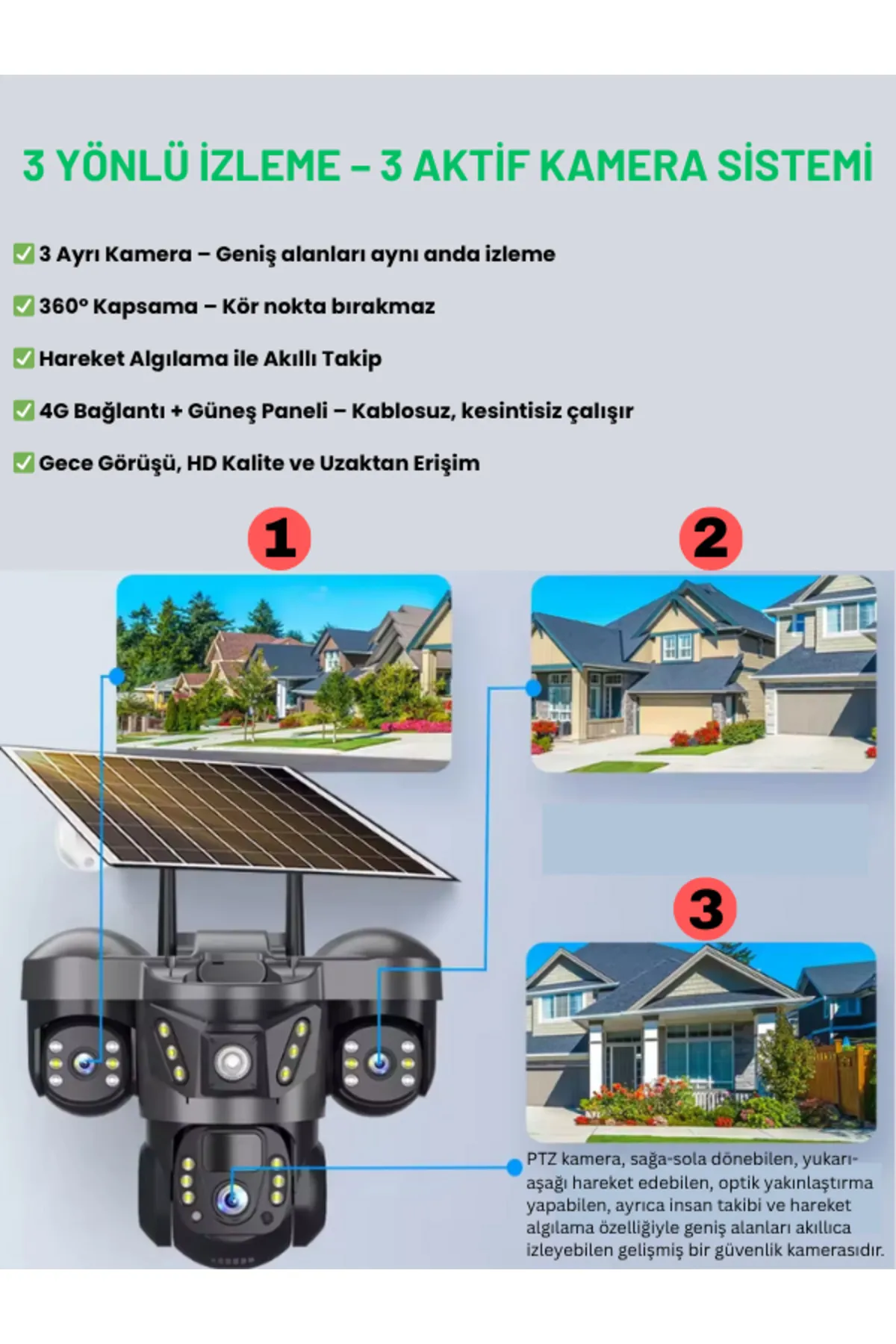 66G Solar Güvenlik Kamerası Türkçe 4G Sim Kartlı PTZ Hareketli Gece Görüşlü Güneş Panelli Kamera